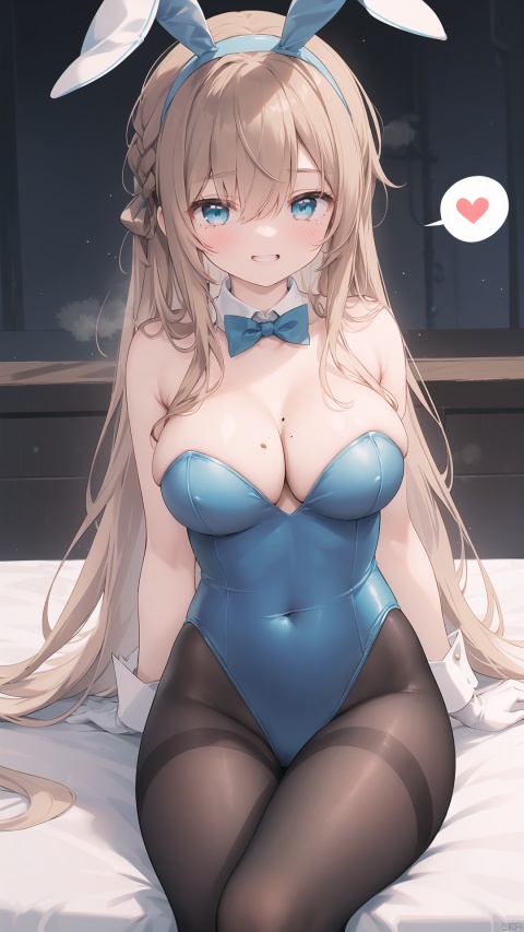  1girl, asuna \(bunny\) \(blue archive\), asuna \(blue archive\), solo, best quality, vivid color, heart background, looking at viewer, sitting, blush, grin, dark skin, rabbit ears, fake animal ears, tail, green eyes, hair over one eye, white hairband, very long hair, brown hair, bangs, large breasts, mole on breast, cleavage, covered navel, thighband pantyhose, white gloves, blue leotard, brown pantyhose, strapless leotard, black pantyhose, highleg leotard, brown legwear, detached collar, blue bowtie, bare shoulders, traditional bowtie, playboy bunny, official alternate costume, steaming body, spoken heart, wrist cuffs