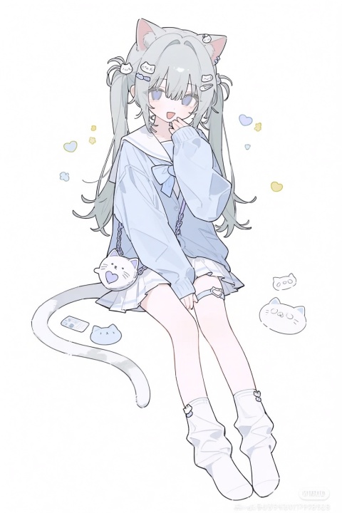hennyano (nachoneko),nachoneko,1girl,animal bag,animal ears,blue jacket,bow,cardigan,cat-shaped pillow,cat bag,cat ears,cat girl,cat hair ornament,cat tail,choker,frills,grey hair,hair between eyes,hair ornament,heart,jacket,long hair,looking at viewer,open mouth,paw print,pleated skirt,sailor collar,sitting,skirt,smile,socks,tail,thigh strap,twintails,white socks,absurdres,commentary,highres,wide shot