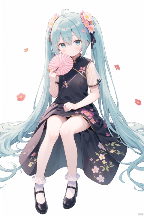 hatsune miku,flower,chinese clothes,very long hair,solo,dress,sitting,long hair,red flower,1girl,china dress,holding,white dress,vase,pink flower,holding fan,full body,hand fan,black footwear,round window,simple background,short sleeves,yellow flower,looking at viewer,purple flower,white background,orange flower,bare legs,covered mouth,aqua hair,plant,potted plant,rose,socks,aqua eyes,nail polish,white socks,high heels,twintails,alternate hairstyle,branch,