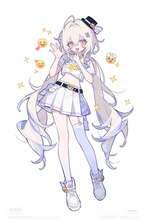 sparkle_(honkai:_star_rail),sparxie_(honkai:_star_rail),1girl,black_choker,black_hat,blush,bow,choker,diamond_(shape),diamond_facial_mark,emoji,english_text,facial_mark,finger_to_mouth,hat,heart,long_hair,midriff,mini_hat,mini_top_hat,navel,open_mouth,pink_eyes,skirt,smile,solo,top_hat,twintails,white_hair,white_skirt,absurdres,commentary,highres