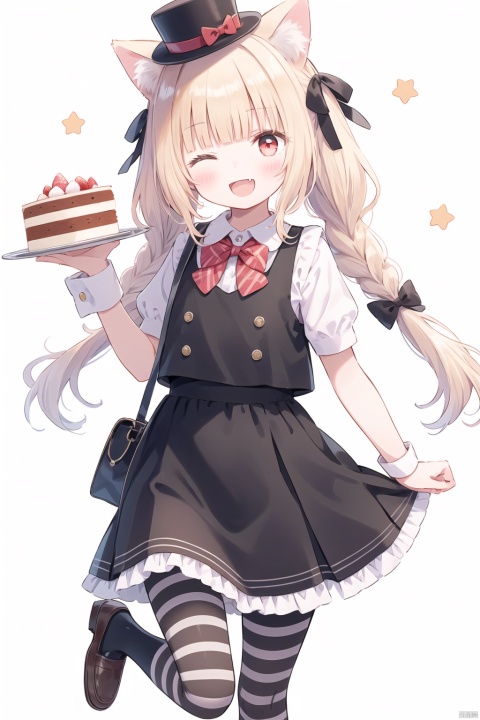 1girl, animal ears, cat ears, hat, one eye closed, cat tail, blonde hair, open mouth, food, braid, smile, cake, white background, short sleeves, cat girl, bow, solo, skirt, holding, ;d, black legwear, black headwear, plate, shoes, fang, bag, puffy sleeves, wrist cuffs, top hat, blush, long hair, vest, black footwear, mini hat, looking at viewer, puffy short sleeves, shirt, holding plate, animal ear fluff, black skirt, white shirt, standing, standing on one leg, simple background, red bow, star \(symbol\), frills, sparkle, striped, black vest, tilted headwear, striped bow, frilled skirt, socks, bangs, kneehighs, single braid, mini top hat, shoulder bag, red eyes, twin braids, blush stickers, cake slice, leg up, bowtie, loafers, eyebrows visible through hair,  watch, ribbon