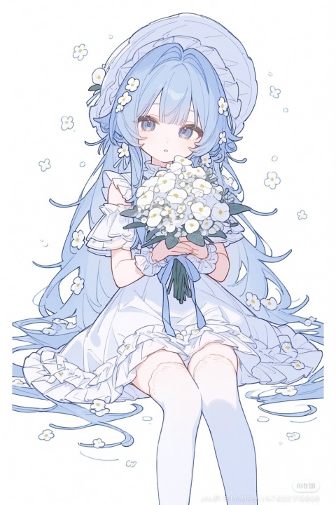 1girl, solo, long hair, looking at viewer, bangs, blue eyes, hair ornament, thighhighs, hat, dress, holding, sitting, blue hair, flower, frills, parted lips, virtual youtuber, hair flower, white dress, white thighhighs, white flower, bouquet, holding bouquet