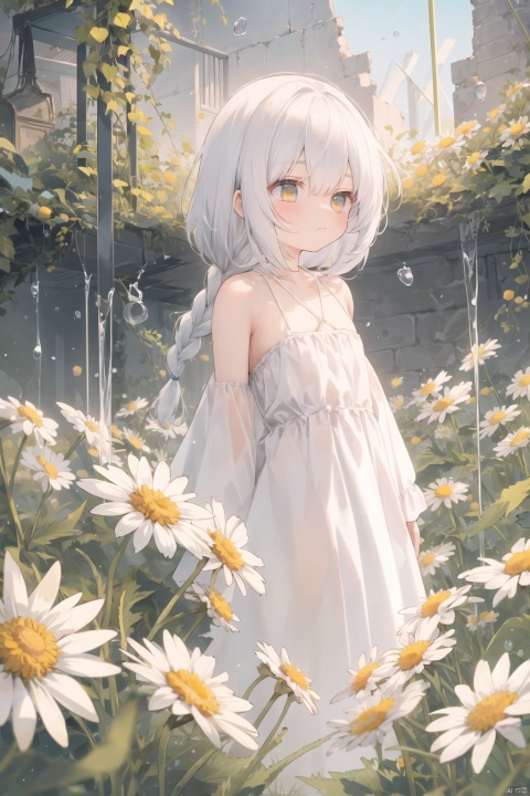 yellow theme,the setting sun,(((Chamomile))),Chamomile,cornflower,vines,forest,ruins,lens flare,hdr,Tyndall effect,damp,wet,1girl,bare shoulders,broken glass,broken wall,white hair,white dress,closed mouth,constel lation,flat color,braid,blinking,white robe,float,closed mouth,constel lation,flat color,looking up,standing,medium hair,standing,solo, 30710