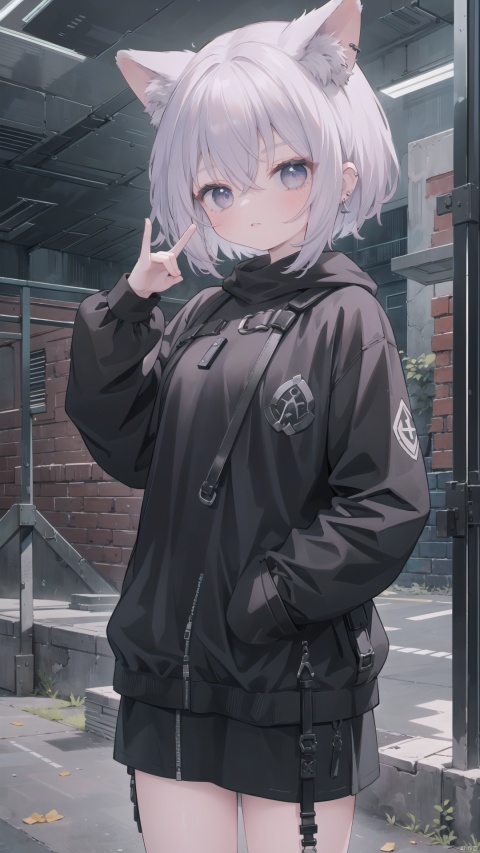 1girl, solo, best quality, abandoned industrial warehouse, leaning on crate, cool detached expression, arms crossed, short messy lavender hair, facial piercings, dark urban outfit, edgy, detached

, fox shadow puppet