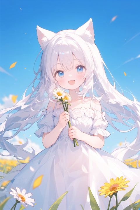  best quality, amazing quality, very aesthetic, 1girl, flower, white_dress, blue_eyes, dress, blue_hair, long_hair, open_mouth, smile, hair_between_eyes, :d, white_flower, holding, flower_field, field, looking_at_viewer, floating_hair, short_sleeves, copyright_name, eyepatch, outdoors, petals, very_long_hair, bangs, solo_focus, holding_flower, blush, blurry_foreground, ribbon, neck_ribbon, collarbone, pov, shiny, daisy, animal_ears, shiny_hair, pink_flower