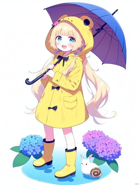 1girl,rainbow,raincoat,yellow raincoat,rubber boots,hydrangea,flower,long hair,twintails,boots,blush,umbrella,open mouth,hair ornament,white background,hood,solo,teruterubouzu,very long hair,hood up,long sleeves,low twintails,bow,bangs,smile,animal hood,blue eyes,rabbit,closed umbrella,puddle,full body,:d,snail,yellow footwear,simple background,pink flower,standing,leaf umbrella,holding umbrella,food-themed hair ornament,hair bow,animal ears,holding,blonde hair,hair flower,rain,animal,clpstyle,cuteloli

