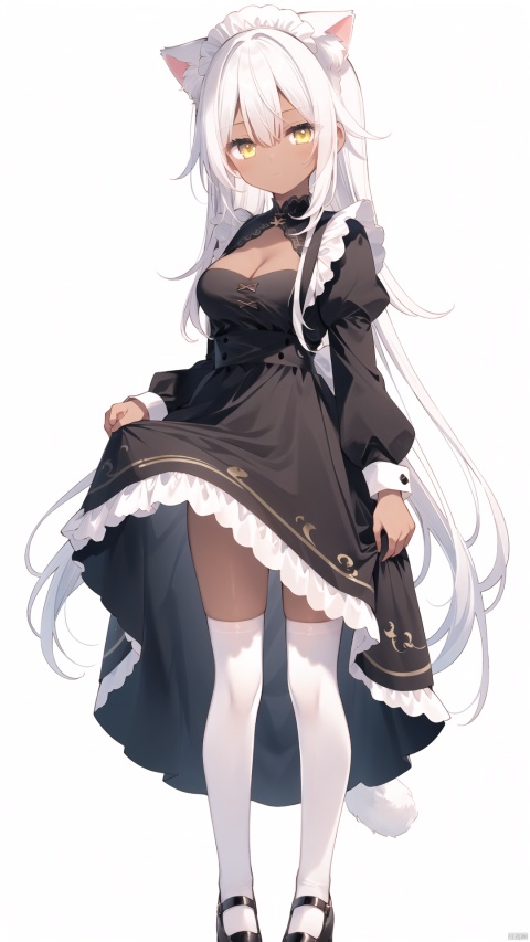  1girl, 2girls, maid headdress, cat girl, best quality, white background, simple background, from below, looking at viewer, squatting, dark-skinned female, cat tail, cat ears, closed mouth, yellow eyes, hair between eyes, white hair, long hair, bangs, medium breasts, cleavage, thighs, black dress, black footwear, white thighhighs, frilled dress, shoes, skirt, dress lift, white legwear, detached sleeves, multiple views, lifted by self, miqo'te