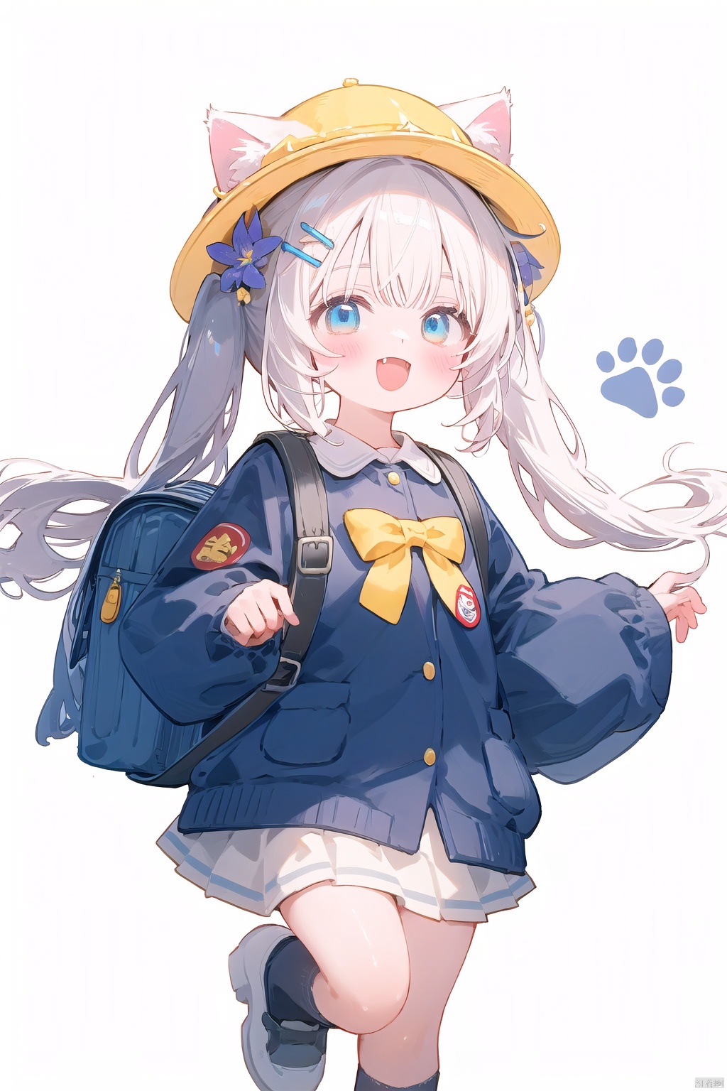 catgirl,loli,cat ears, {depth of field},dynamic angle, 1girl, animal ears, long hair, hat, twintails, hairclip, white hair, shirt, cat ears, solo, blue shirt, skirt, standing on one leg, hair ornament, open mouth, smile, hand to own mouth, bag, blue eyes, kindergarten uniform, animal ear fluff, shoes, thighs, socks, yellow headwear, white skirt, blush, leg up, standing, arms up, white footwear, miniskirt, flower, fang, paw print,cowboy shot,, best quality, amazing quality, very aesthetic, absurdres, best quality, amazing quality, very aesthetic, absurdres, 30710, 372089