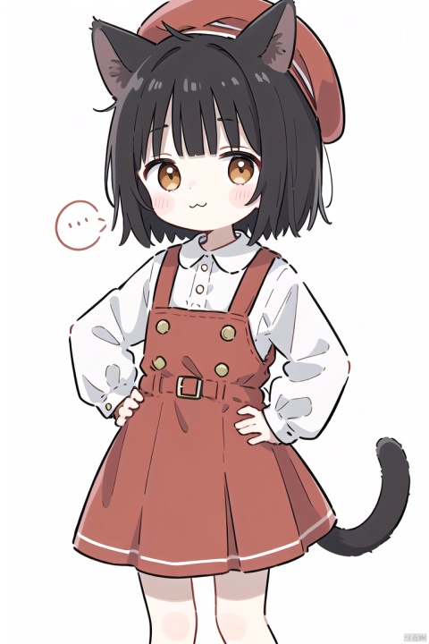  1girl, animal ears, tail, solo, cat ears, cat tail, dress, hat, white background, ..., simple background, black hair, hand on hip, long sleeves, spoken ellipsis, shirt, short hair, food, brown eyes, holding, white shirt, blush, :3, cat girl, holding food, looking at viewer, bangs, brown headwear, eating, beret, cowboy shot, brown dress, sleeveless, closed mouth, blush stickers, sleeveless dress, puffy long sleeves, eyebrows visible through hair, cropped legs, collared shirt, pinafore dress, standing