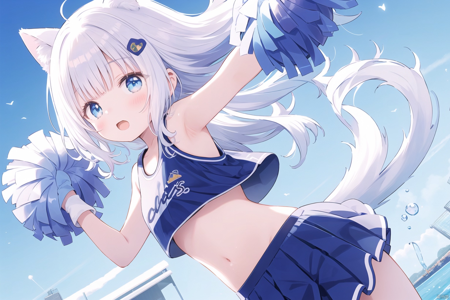 catgirl, white hair, blue eyes, cheerleader outfit, pom-poms, gymnasium background