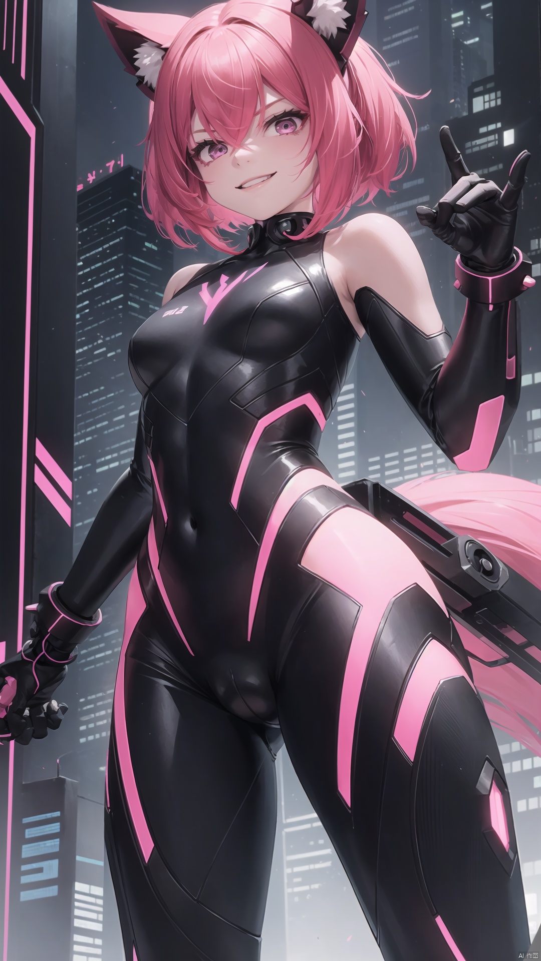 1girl, solo, best quality, neon-soaked cyberpunk skybridge, sprinting with purpose, exhilarated grin, fists clenched, short spiky magenta hair, advanced cybernetic limbs, sleek bodysuit, dynamic, electrifying

, fox shadow puppet, loli