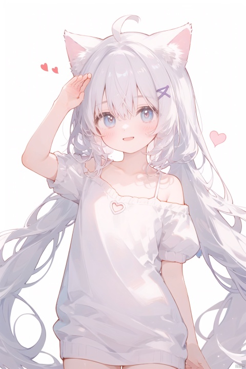  30710, petite, loli, solo, animal ears, heart, puffy short sleeves, white hair, long hair, off shoulder, bangs, hair ornament, gradient background,rainbow gradient, x hair ornament, animal ear fluff, looking at viewer, very long hair, blush, smile, cat ears, bare shoulders, collarbone, hand up, gradient sweater, hair between eyes, symbol-shaped pupils, arm up, heart-shaped pupils, hairclip, medium breasts, salute, bare legs,full body