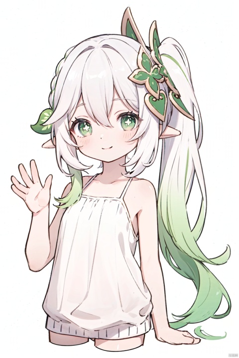  (best quality), ((masterpiece)), (highres), petite, loli, solo, heart, puffy short sleeves, long hair, bangs, hair ornament, gradient nahida,background,rainbow gradient, x hair ornament, looking at viewer, very long hair, blush, smile, , bare shoulders, collarbone, hand up, gradient sweater, hair between eyes, ,,green-eyes,beautiful_detailed_eyes