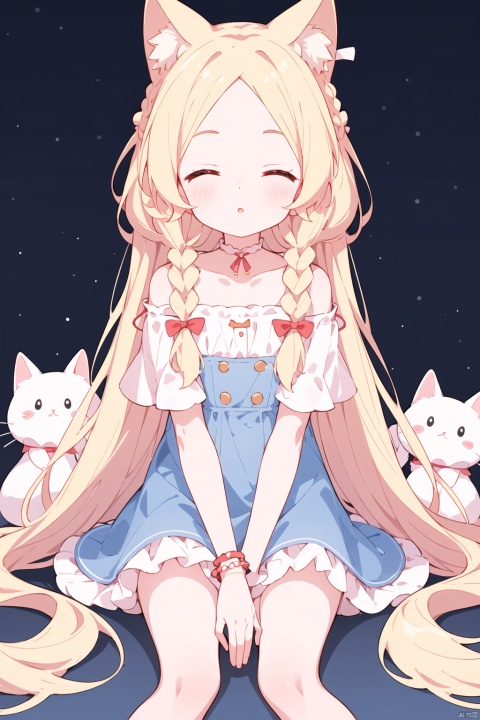 1girl, long hair, blonde hair, closed eyes, solo, sitting, white background, very long hair, dress, shoes, blush, wariza, socks, short sleeves, braid, blue dress, simple background, white legwear, bobby socks, pink footwear, collarbone, bangs, parted lips, stuffed toy, facing viewer, off shoulder, stuffed animal, open mouth, mary janes, forehead, red footwear, ^ ^, ribbon, parted bangs, bare shoulders, frills, twin braids, stuffed cat, bracelet, white ribbon, frilled dress, hand between legs, between legs, jewelry, blue shirt