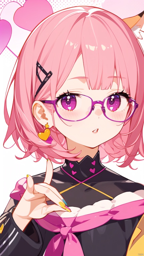  1girl, solo, best quality, vivid color, portrait, polka dot background, looking at viewer, blush, parted lips, pink eyes, glasses, pink hair, short hair, bangs, yellow nails, nail polish, own hands together, halftone, heart, fox shadow puppet
