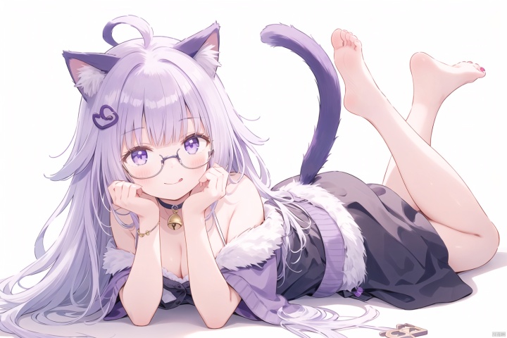 1girl, animal ears, barefoot, feet, tail, toes, glasses, cat ears, tongue out, soles, tongue, solo, purple eyes, cat tail, long hair, nail polish, purple nails, white hair, cat girl, toenails, looking at viewer, foot focus, toenail polish, hair ornament, animal ear fluff, tail ornament, sitting, bell, bare legs, blush, :q, white background, shirt, breasts, hairclip, legs, smile, jingle bell, foreshortening, full body, antenna hair, virtual youtuber, choker, knees up, hand up, jewelry, simple background, off shoulder, closed mouth
