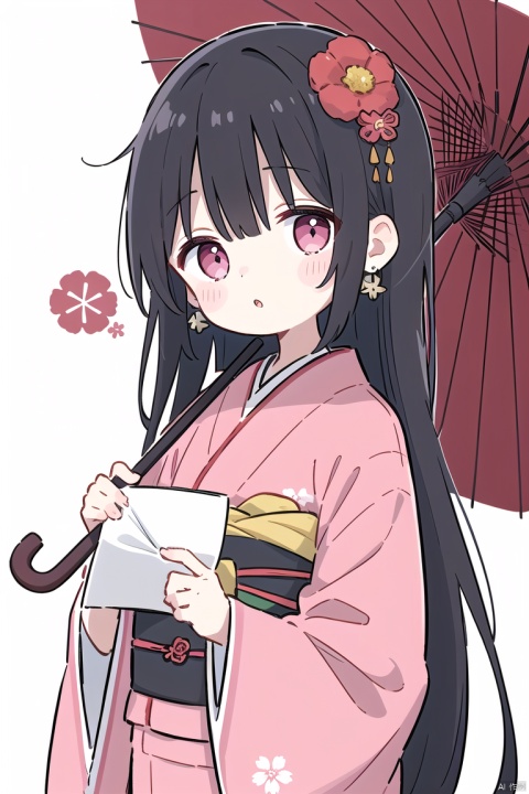 (masterpiece),(best quality),1girl, loli, loli, loli, solo, long hair, looking at viewer, blush, bangs, black hair, hair ornament, long sleeves, holding, hair between eyes, jewelry, very long hair, upper body, pink hair, flower, multicolored hair, earrings, parted lips, japanese clothes, hair flower, wide sleeves, pink eyes, kimono, :o, two-tone hair, head tilt, sash, rose, umbrella, obi, floral print, red flower, pink flower, blue flower, shawl, holding umbrella, print kimono, oil-paper umbrella, pink kimono, red umbrella
