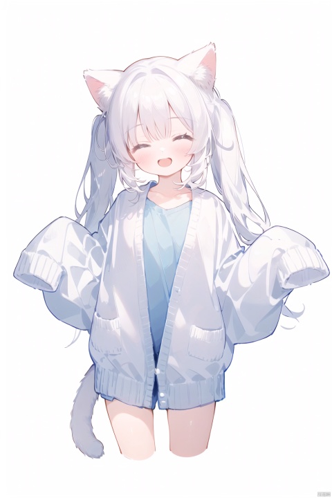  1girl, solo,catgirl,cat ears,cat tail,white hair, twintails, blush, smile, shirt, white shirt, long shirt, ^ ^, brown cardigan, cardigan, closed eyes, collarbone, cropped legs, long sleeves, sleeves past fingers, sleeves past wrists, upper teeth only, teeth, white background
