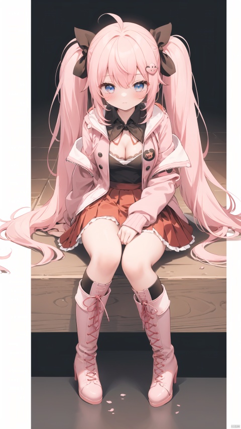  1girl, enoshima junko, monokuma, solo, pseudo impasto, best quality, detailed, sitting, looking at viewer, blue eyes, long hair, blonde hair, pink hair, twintails, hair ornament, cleavage, pink blood, knee boots, high heel boots, red skirt, lace-up boots, brown footwear, jacket, nail polish, bow, miniskirt