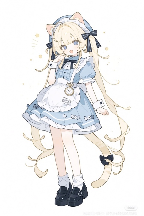 1girl,:d,animal ears,apron,black bow,black shoes,blonde hair,blue bow,blue dress,blue eyes,blue hair,blue hat,blue sleeves,blush,bow,cat ears,cat girl,cat tail,center frills,detached sleeves,dress,ears through headwear,frilled apron,frilled dress,frills,full body,hat,high heels,long hair,looking at viewer,multicolored hair,pocket watch,puffy short sleeves,puffy sleeves,shoes,short sleeves,simple background,smile,socks,solo,streaked hair,striped bow,tail,tail bow,tail ornament,twintails,very long hair,watch,white apron,white background,white socks,wrist cuffs,commentary request,copyright request,wide shot
