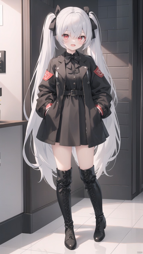  1girl, solo, best quality, detailed, full body, looking at viewer, holding food, standing, open mouth, red eyes, hair over one eye, grey hair, very long hair, twintails, bangs, hair bow, breasts, black footwear, collared dress, black dress, knee boots, black gloves, black jacket, open jacket, cross-laced footwear, ribbon, long sleeves, cable, ice cream cone, cellphone, hand in pocket, laptop, black bow, indoors, chair, monitor, tile floor, checkered floor, tile wall