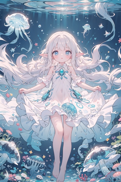 (girl with jellyfish motif:1.3), (flowing translucent dress:1.2), (luminous glow:1.3), (long wavy hair resembling tentacles:1.2), (delicate and graceful movements:1.3), (underwater ambiance:1.2), (floating effortlessly:1.2), (soft pastel colors:1.1), (ethereal beauty:1.3), (surrounded by small jellyfish:1.2), (gentle expression:1.1), (reflective eyes like deep sea:1.2), (barefoot with delicate feet:1.0), (ambient bubbles around:1.1), (mysterious aura:1.2), nsfw
