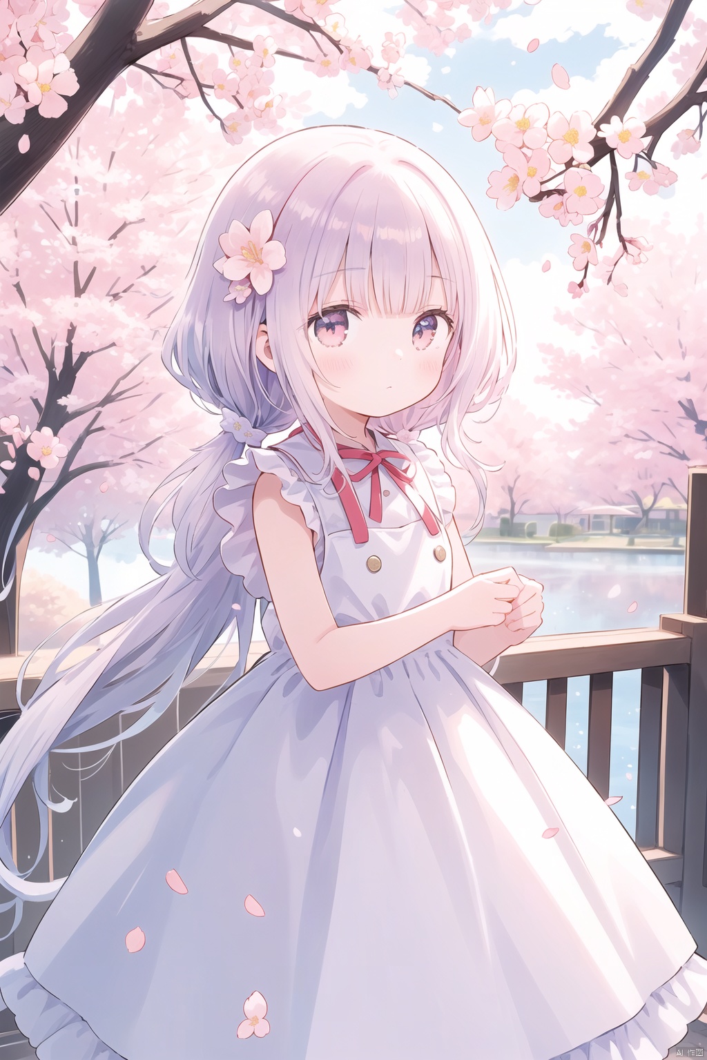 The image features a beautiful anime girl dressed in a flowing white and red dress, standing amidst a flurry of red cherry blossoms. The contrast between her white dress and the red flowers creates a striking visual effect. The lighting in the image is well-balanced, casting a warm glow on the girl and the surrounding flowers. The colors are vibrant and vivid, with the red cherry blossoms standing out against the white sky. The overall style of the image is dreamy and romantic, perfect for a piece of anime artwork. The quality of the image is excellent, with clear details and sharp focus. The girl's dress and the flowers are well-defined, and the background is evenly lit, without any harsh shadows or glare. From a technical standpoint, the image is well-composed, with the girl standing in the center of the frame, surrounded by the blossoms. The use of negative space in the background helps to draw the viewer's attention to the girl and the flowers. The cherry blossoms, often associated with transience and beauty, further reinforce this theme. The girl, lost in her thoughts, seems to be contemplating the fleeting nature of beauty and the passage of time. Overall, this is an impressive image that showcases the photographer's skill in capturing the essence of a scene, as well as their ability to create a compelling narrative through their art.catgirl,loli