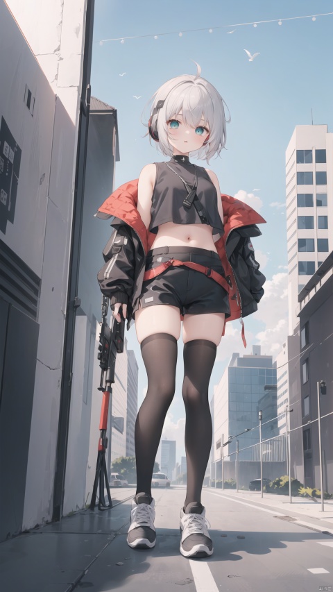  1girl, solo, best quality, detailed, from below, looking at viewer, holding weapon, parted lips, short hair, grey hair, white hair, bangs, navel, fingerless gloves, black gloves, jacket, black thighhighs, black skirt, black shorts, green footwear, sleeveless shirt, white shirt, headphones around neck, bare shoulders, knife, backpack, gun, perspective, outdoors, sneakers, day, headset, midriff, shoe soles, blue sky, chain-link fence, skyscraper, cloudy sky, cityscape, rooftop, torii