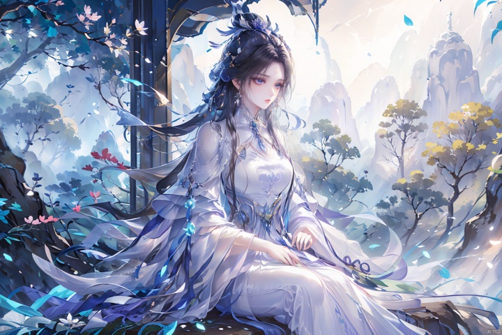  a woman in a purple dress with a flower crown on her head, guweiz, ((a beautiful fantasy empress)), artwork in the style of guweiz, beautiful anime portrait, palace , a girl in hanfu, digital anime illustration, beautiful anime style, a beautiful fantasy empress, anime illustration, anime fantasy illustration, beautiful character painting, trending on artstration, Add details,sitting,