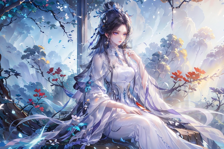  a woman in a purple dress with a flower crown on her head, guweiz, ((a beautiful fantasy empress)), artwork in the style of guweiz, beautiful anime portrait, palace , a girl in hanfu, digital anime illustration, beautiful anime style, a beautiful fantasy empress, anime illustration, anime fantasy illustration, beautiful character painting, trending on artstration, Add details,sitting,