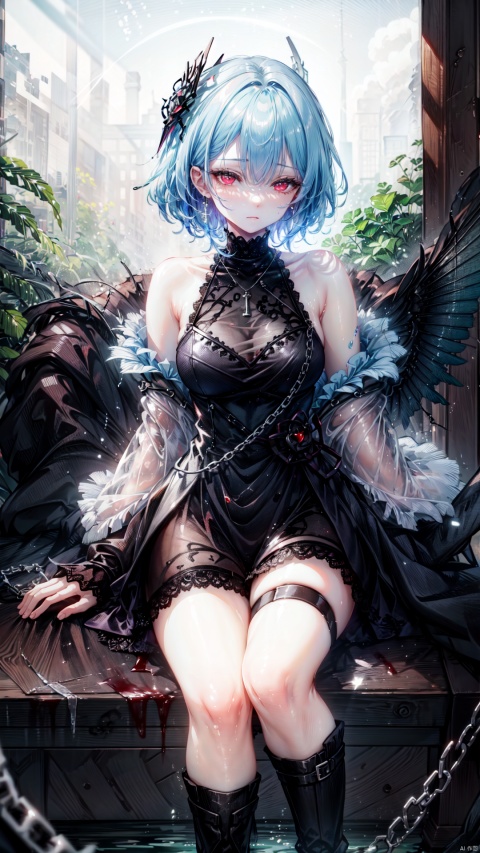  Black theme,Black feathers,extremely detailed CG unity 8k wallpaper,illustration,lens,masterpiece, best quality,lens flare,dynamic angle ,dramatic angle ,cinematic angle ,intense angle ,young girl,over-kneehighs,bare shoulder,naughty face,aquagradient eyes,(white_hair:1.12),short hair,,red eyes,black dress,lace-trimmed dress,frilled dress,greyscale,cowboy shot,(Splashing light),Backlighting,Accent Lighting,incredibly_absurdres,thigh strap,choker,(Refracted rays:1.2),Low wings,(Chains:1.1),(Bokeh:1.4),depth of field,,Deep focus,((disheveled hair)),looking away,Expressionless,, masterpiece, best quality,chains,blood,bloody stream,blood_on_face,bloody_face,sitting_down,ghostdom,fantasy