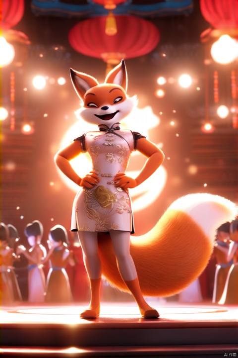一只狐狸小姐穿着旗袍,3d渲染,站立在华丽的舞台上,她双手叉腰,戴着墨镜,周围是尖叫的人群观众,灯光柔和,给这个场景增添了一种独特的氛围