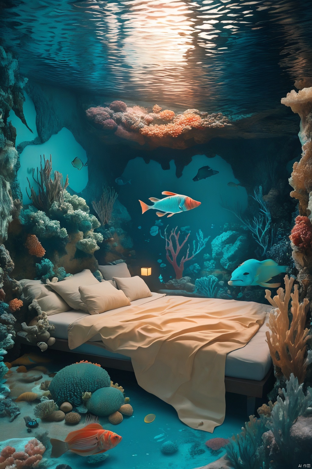 A luxurious bedroom located under the sea, surrounded by colorful corals and tropical fish, with a large bed covered in silk sheets. The walls of the bedroom are made of transparent crystal, allowing the outside marine life to swim freely. The whole scene is filled with mystery and a dreamy atmosphere. High quality, high resolution, sharp focus, photorealistic painting art by midjourney and greg rutkowski.