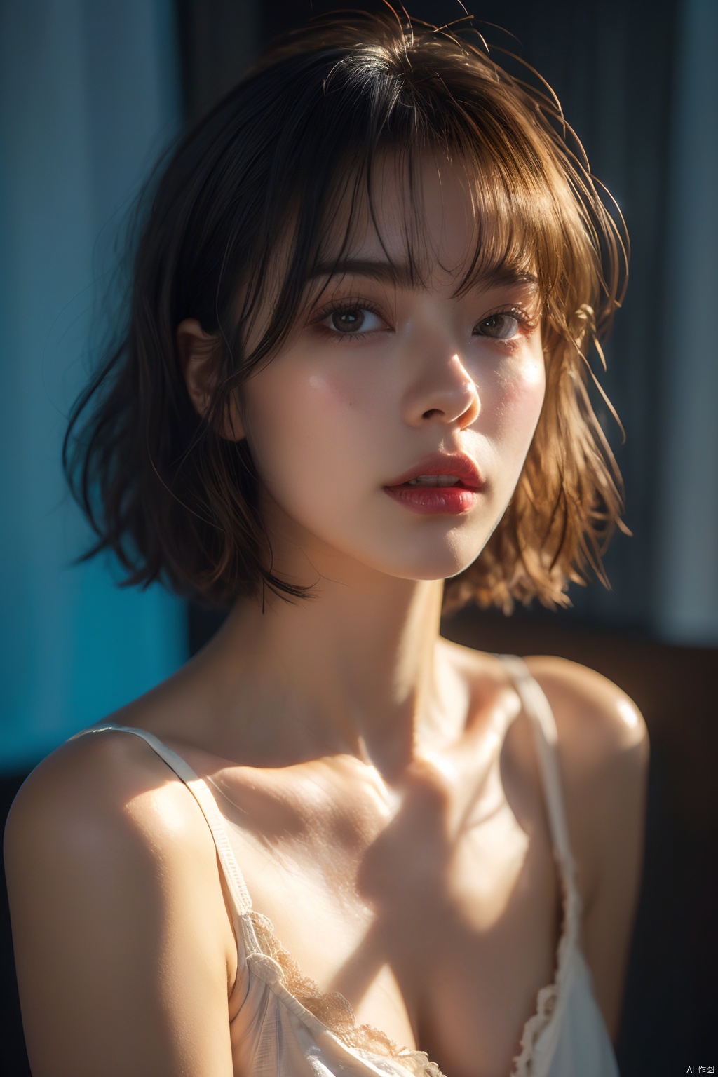  (RAW photo, best quality), (realistic, photo-realistic:1.2), 1girl,middle breasts,Cleavage,undergarments,Upper body, high quality, (high detailed skin:1.4), puffy eyes, gorgeous hair, (dark room:1.3), (rim lighting:1.3), (dimly lit:1.3), (dark night:1.3), indoors, portrait, black hair, dark background, short hair, 1 girl