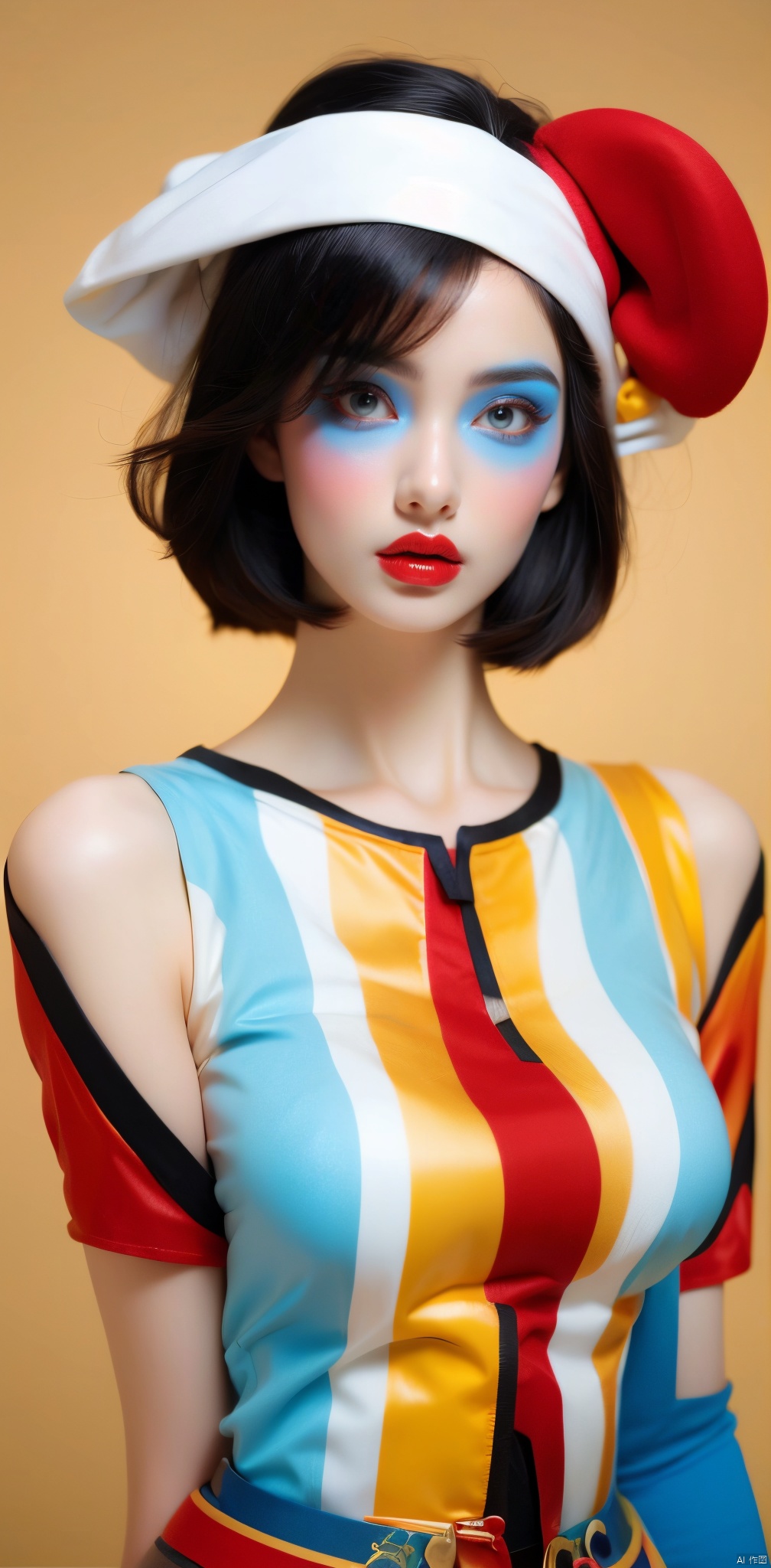  1girl, solo, looking at viewer, blue eyes, hat, upper body, lips, makeup, colored skin, facial mark, lipstick, multicolored clothes, red lips, facepaint, jester cap, colorful, multicolored headwear, clown, Light master, xiqing