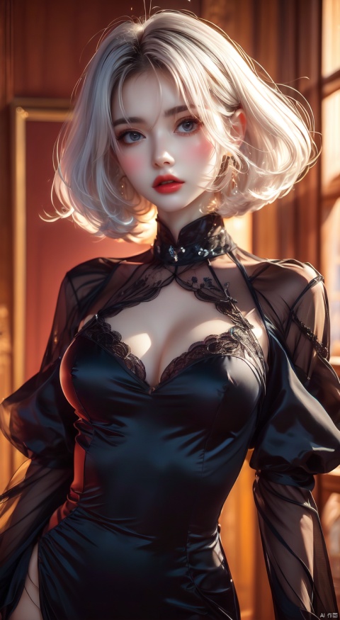  A woman with white hair, big breasts, transparent black dress, and a longing expression, xiqing