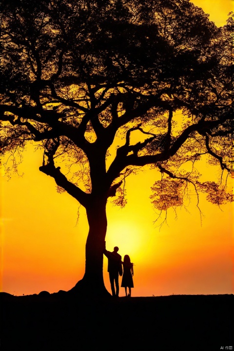 唯美风景,户外,夕阳西下,巨大的古树,男人和女人牵手站在树下看向远方,逆光,剪影,暖色调,
