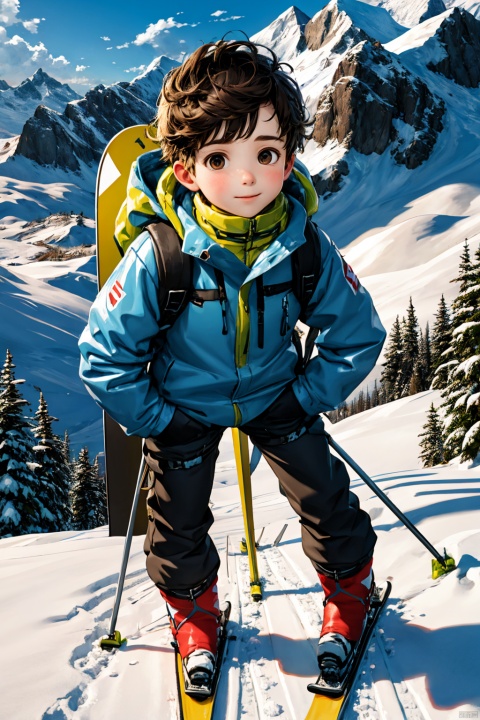  A boy, Wear professional ski attire, Ski on the snow-capped mountains