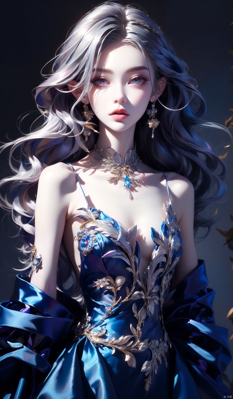  (best quality:1.4), (masterpiece:1.4), ultra-high resolution, 8K, CG, exquisite, upper body, lonely, Thumbelina, little princess, blue taffeta court dress, snowflake background, detailed facial features, silver-gray hair, almond-shaped eyes, intricate eye makeup, long eyelashes, gray eyes and starry gaze, intricate lip details, soft and harmonious style, xiqing, hszt, xiaxue