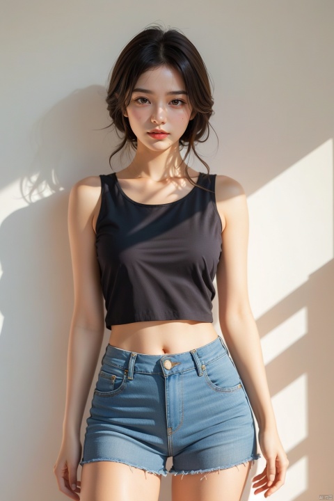  1girl, solo, breasts, looking at viewer, smile, brown hair, black hair, navel, bare shoulders, brown eyes, jewelry, closed mouth, standing, collarbone, cowboy shot, midriff, pants, lips, shadow, tank top, denim, jeans, realistic, arms at sides, 1girl,short skirt, （\personality\）, 1 girl,moyou