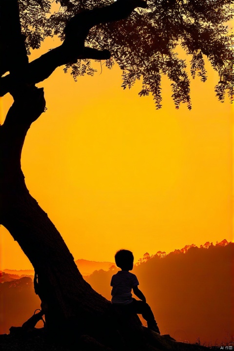 唯美风景,户外,夕阳西下,巨大的古树,小男孩坐在树上看向远方,逆光,剪影,暖色调,