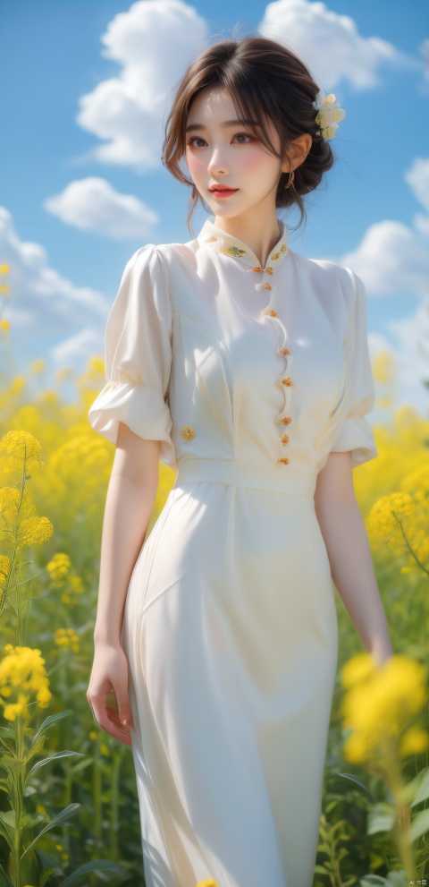  A elegant woman in a dark suit with golden short hair, standing in a field of blooming rapeseed flowers against a backdrop of blue sky and white clouds, gentle breeze blowing, causing her clothes corner and hair to flutter slightly, high quality full HD picture, art painting by famous artist., Light master, ((poakl)), (\meng ze\), xiqing