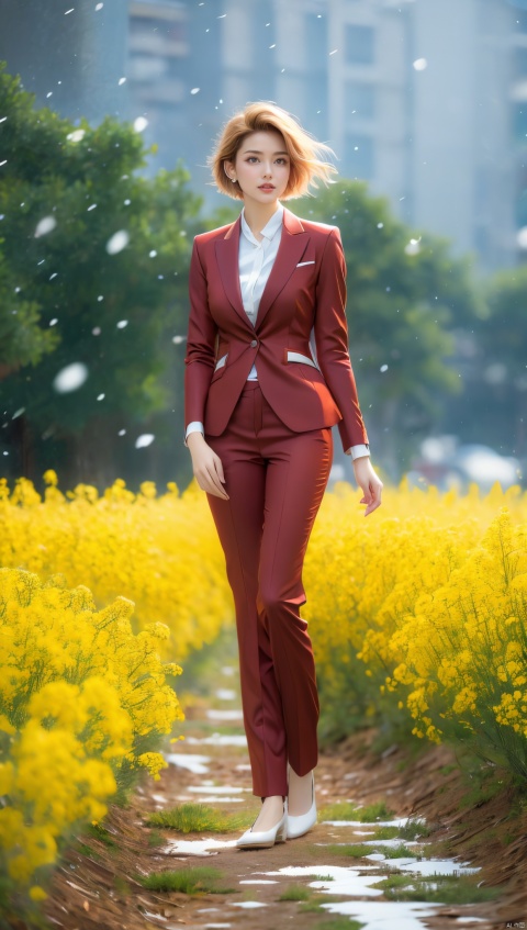 A lady in a red suit with golden short hair, standing elegantly in a rapeseed flower field, snowflakes falling from the sky, with snow covering the ground. A high-definition picture of an elegant woman in a red suit with golden hair standing in a rapeseed field with snowflakes falling and snow on the ground, trending on ArtStation, by Greg Rutkowski, photorealistic painting art by Midjourney.