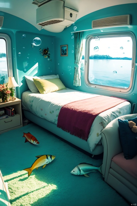  indoors, no humans, window, ground vehicle, scenery, fish, bubble, underwater, air bubble, train interior