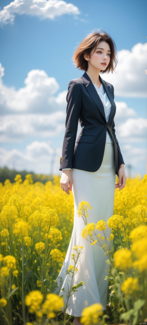  A elegant woman in a dark suit with golden short hair, standing in a field of blooming rapeseed flowers against a backdrop of blue sky and white clouds, gentle breeze blowing, causing her clothes corner and hair to flutter slightly, high quality full HD picture, art painting by famous artist., Light master