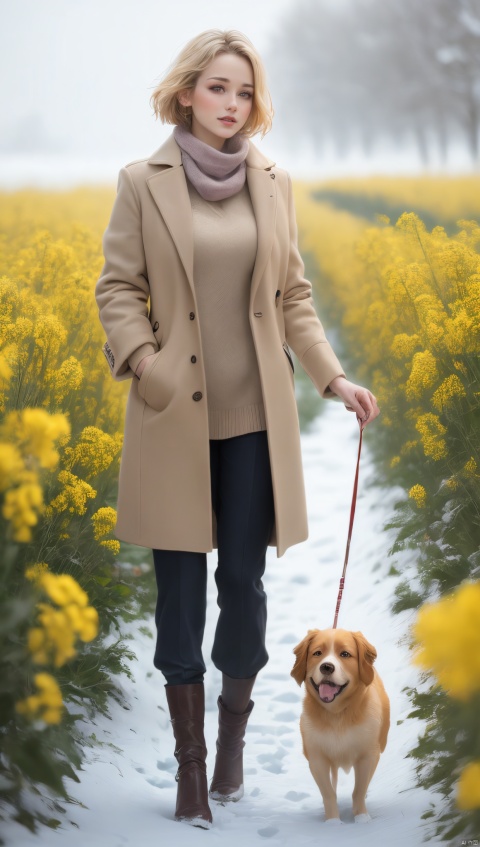 A woman in a red tweed coat, short blonde hair, standing gracefully among the canola flowers, next to a happy dog, snowflakes falling from the sky, snowflakes covering the earth, thick snow, a high-definition photo, an elegant woman, wearing a long coat, blonde hair, long legs, bare legs, high heels, standing in the rape field, snow falling, snow falling on the ground, this photo was taken at Artstation by Greigg Ruttkowski, a photographic realist painting by Midtrip.