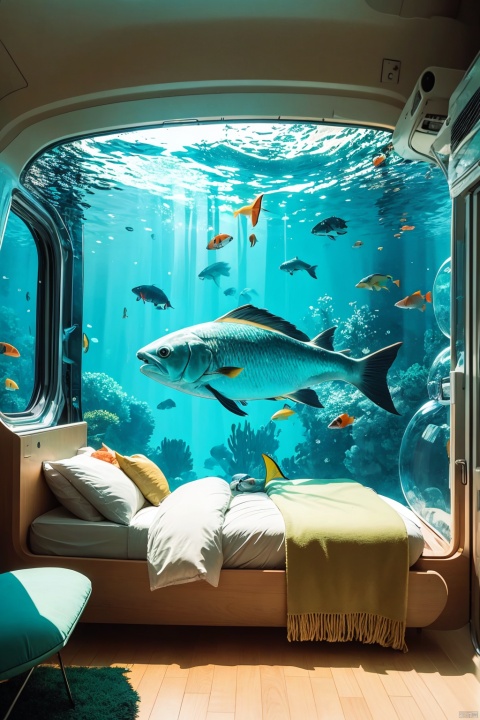  indoors, no humans, window, ground vehicle, scenery, fish, bubble, underwater, air bubble, train interior