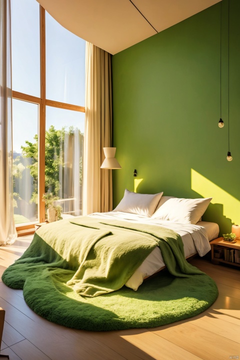 indoors, tree, pillow, book, no humans, window, table, sunlight, plant, scenery, wooden floor, lamp