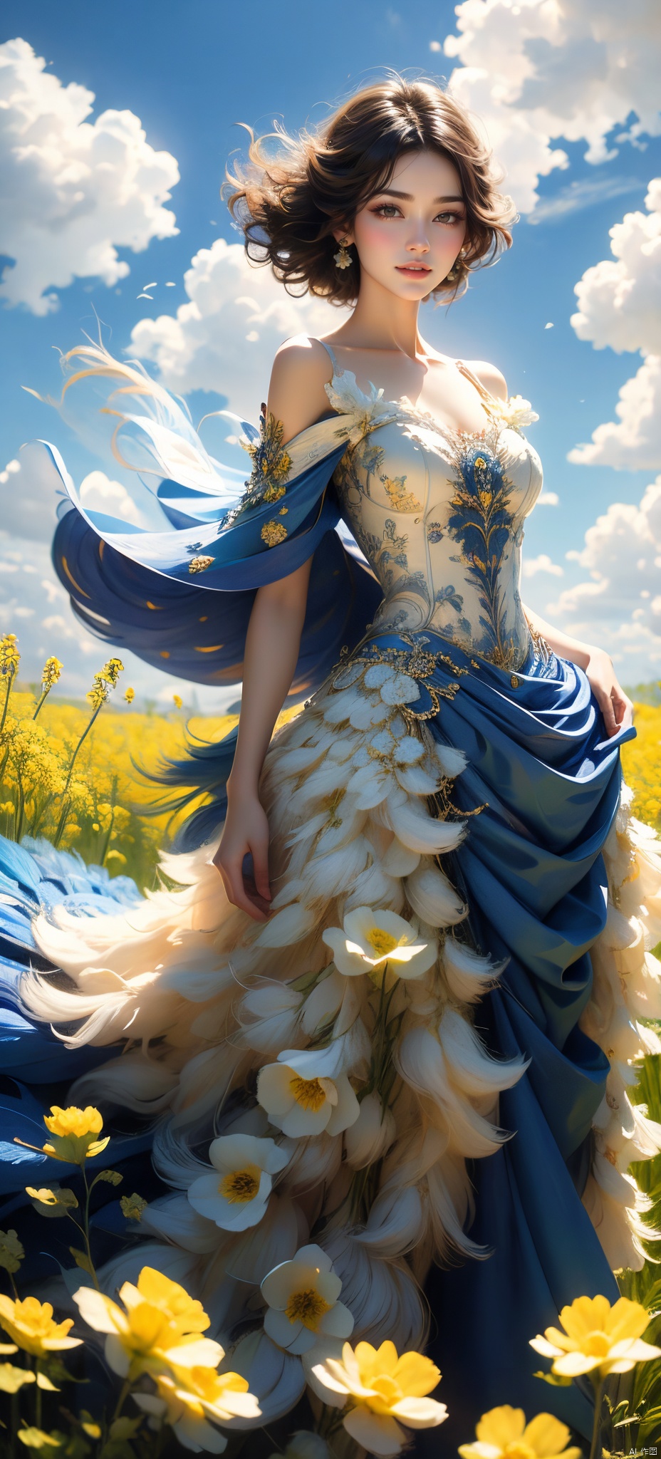  An elegant woman in a peacock-feather dress, short blonde hair, standing in a field of flowering rape flowers against a backdrop of blue skies and white clouds, her hair and the corners of her dress fluttering slightly in the breeze, in high-definition, famous artist, Master Light&#039;s art painting