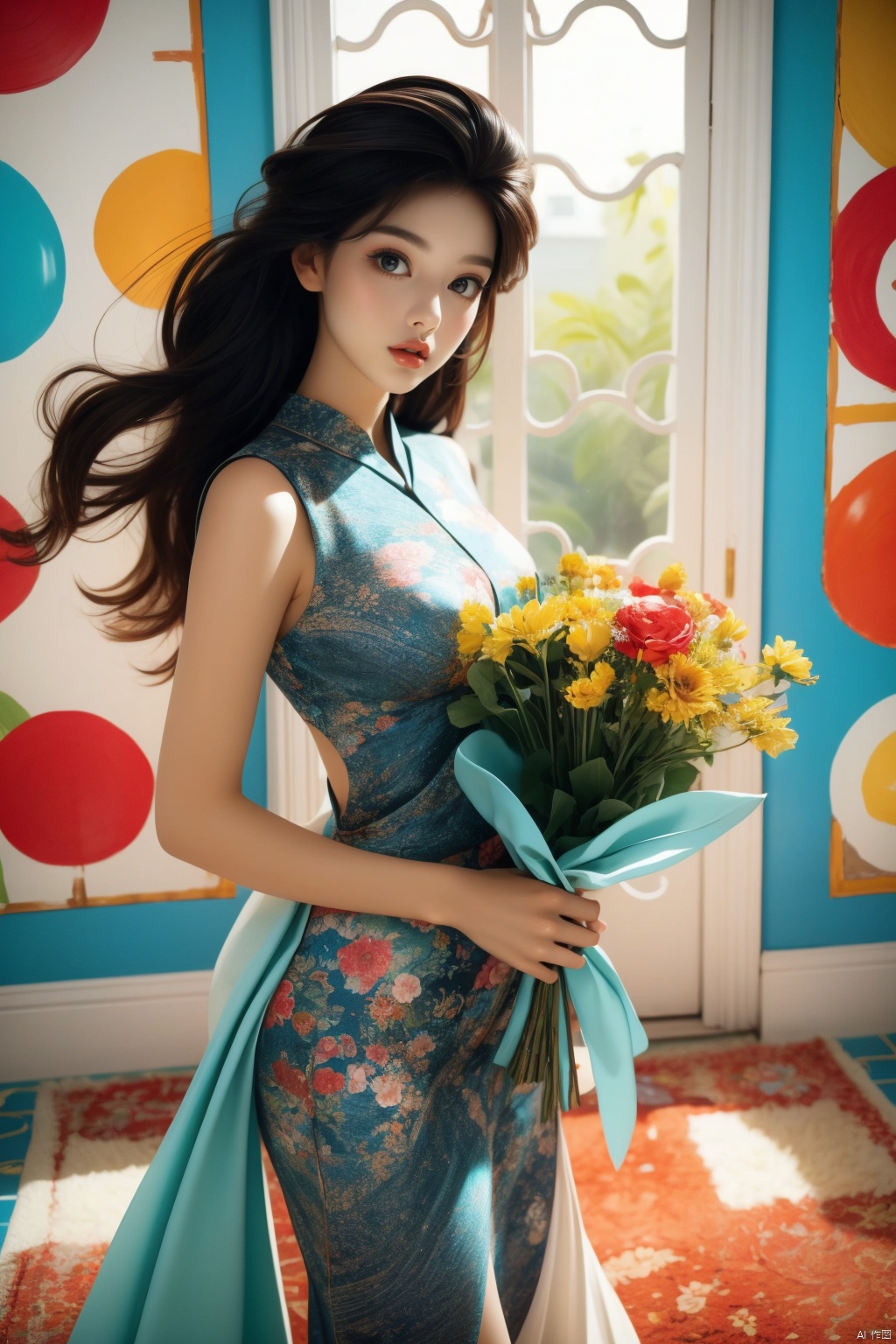  A young girl standing in an interior room, wearing a bright and colorful outfit, holding a bouquet of vibrant flowers. The walls are adorned with abstract geometric patterns, and the floor is covered with colorful carpets. Sunlight streams in through the windows, bringing warmth and vitality to the entire room. High-resolution image, trending on Pinterest, vibrant colors, bold patterns, mid-century modern style, Memphis design, pop art influence, cheerful atmosphere, pastel colors, close-up shot, professional photography, by Kelly Wearstler, Jonathan Adler, David Hicks., sd_mai, 1girl